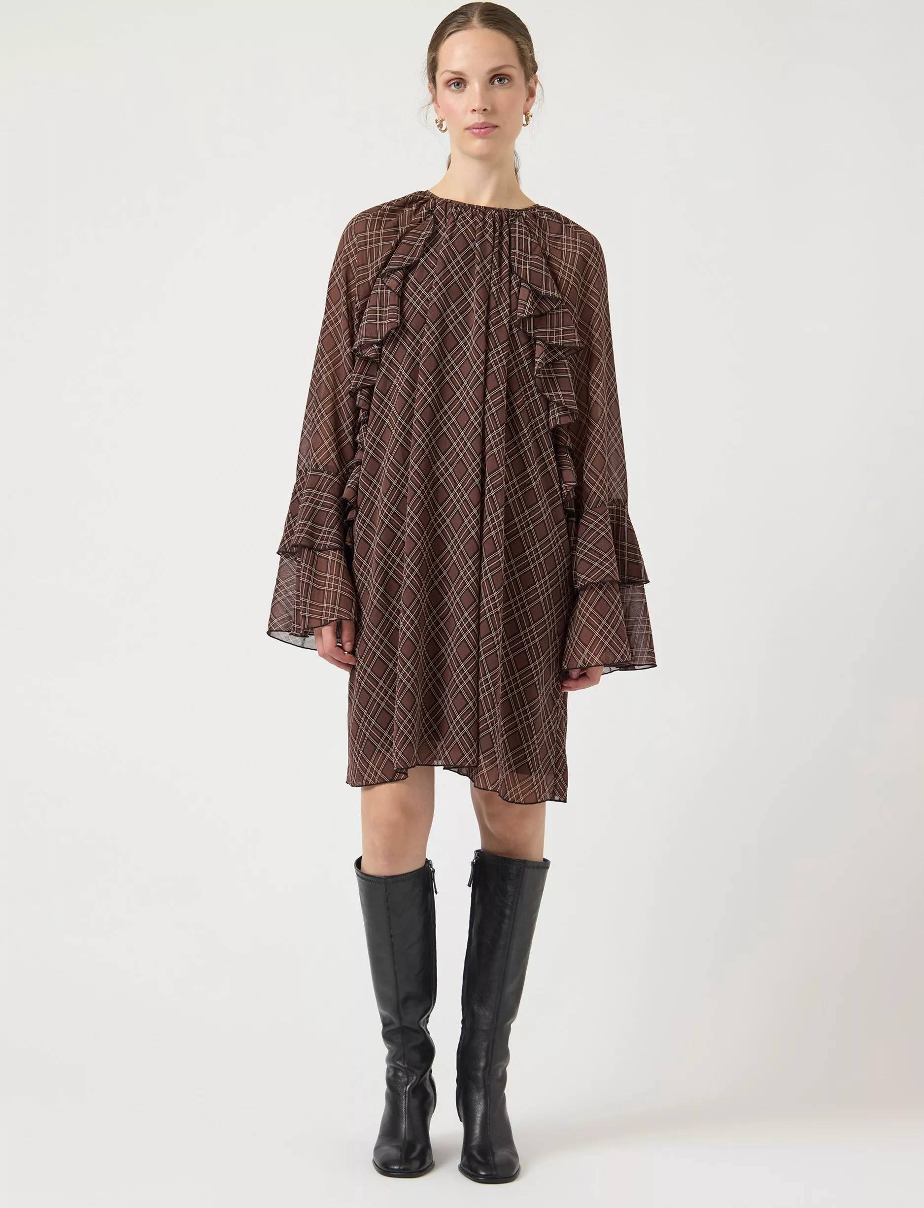 Yas Ruffle Check Mini Shift Dress - Brown/Multi