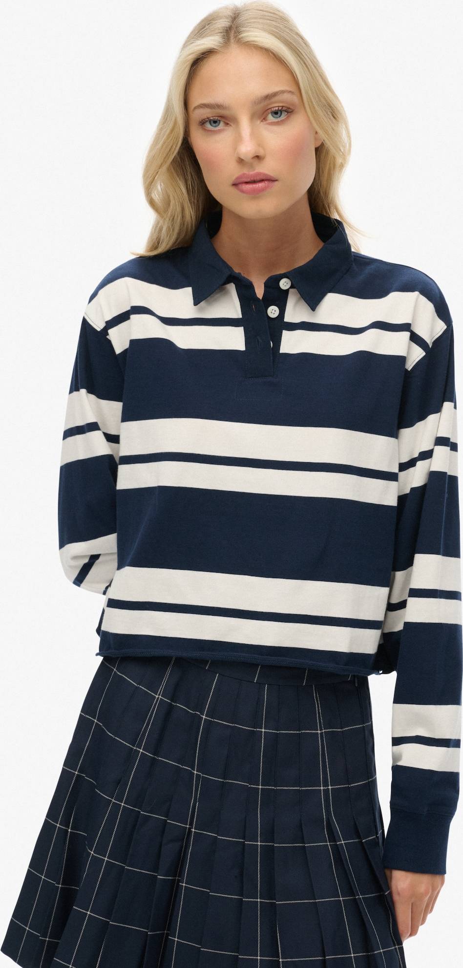 Superdry Athletic Essentials Cropped Stripe Rugby Top - Richest Navy