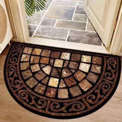 Shein Retro Geometric Brick Pattern Half Round Welcome Mat