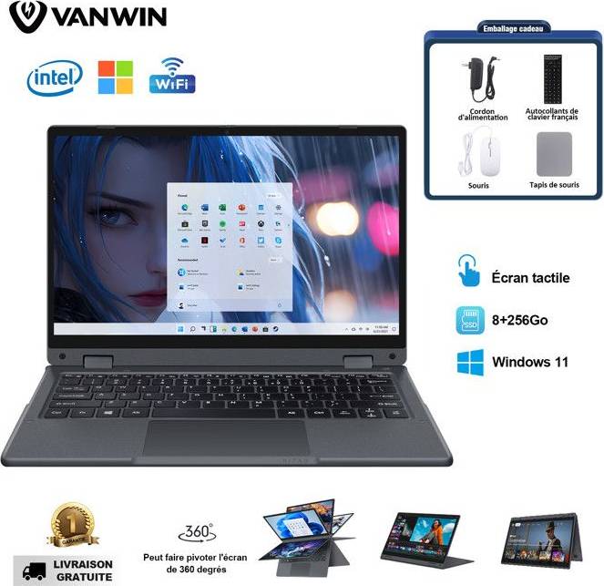 Ecran pc portable Vanwin PC Portable 11.6 Ecran Tactile Rotation 360°