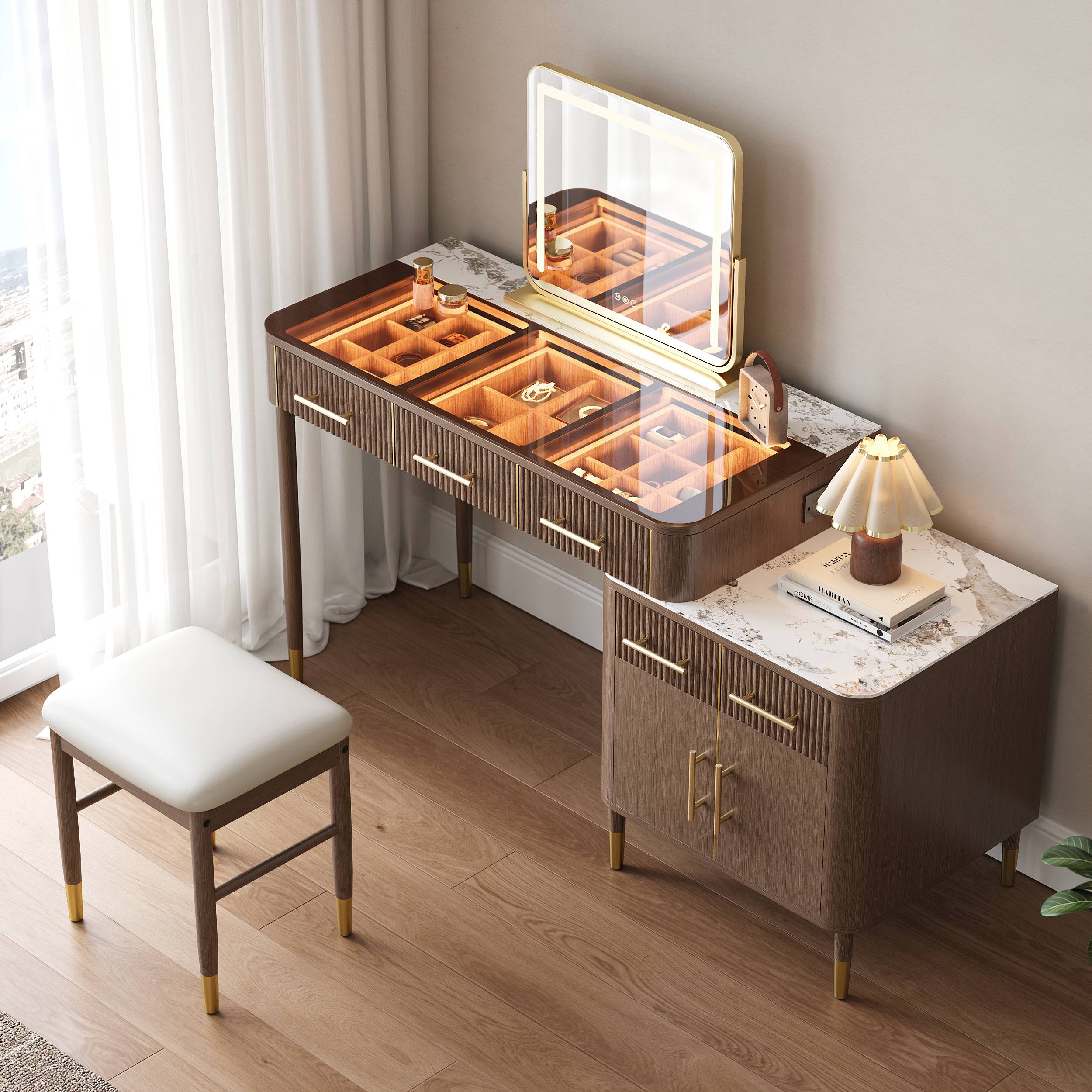 Makeup vanity set Homary Walnut Makeup Vanity Set Dressing Table