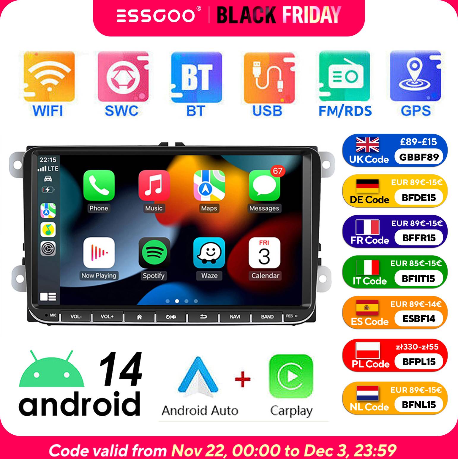 Car stereo 9 in Essgoo 9 Inch Android 14 Wireless Car Stereo