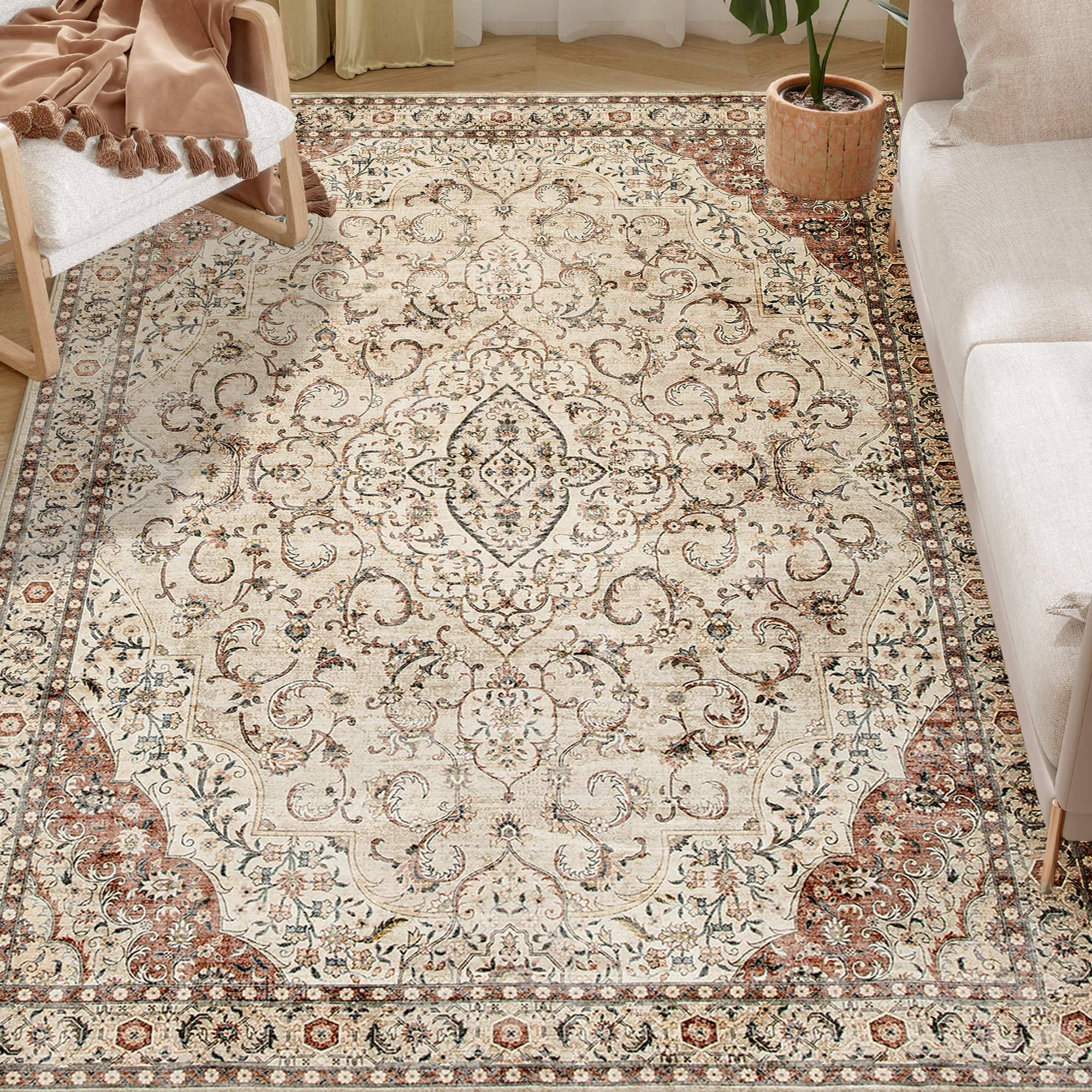 Homcom Area Rug 5x7 Machine Washable Floral Print Brown