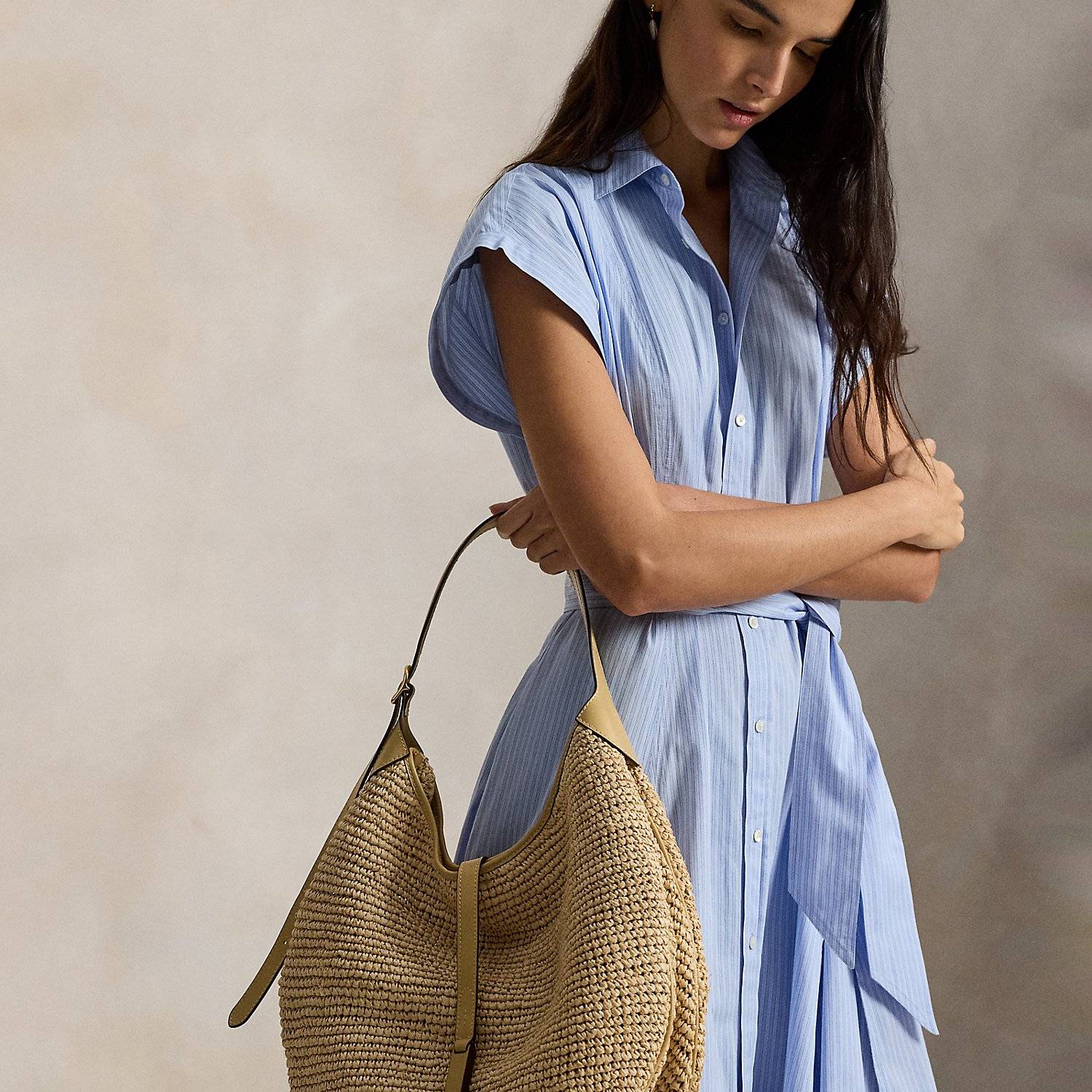 Polo Ralph Lauren ID Raffia Large Shoulder Bag - Cashmere