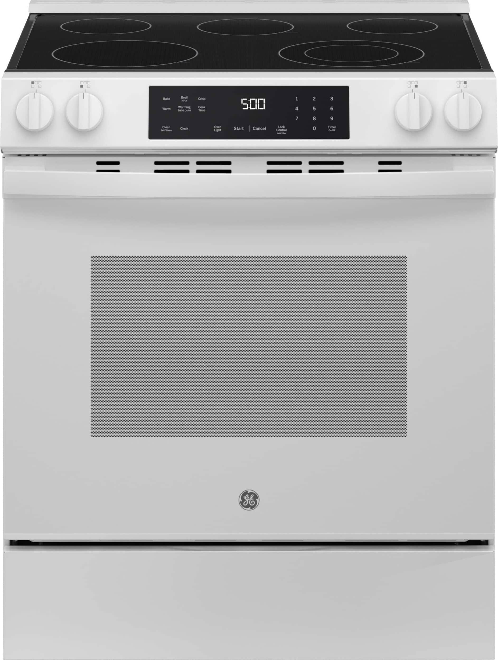 White electric stove GE 30 Inch Slide-In Electric Range White