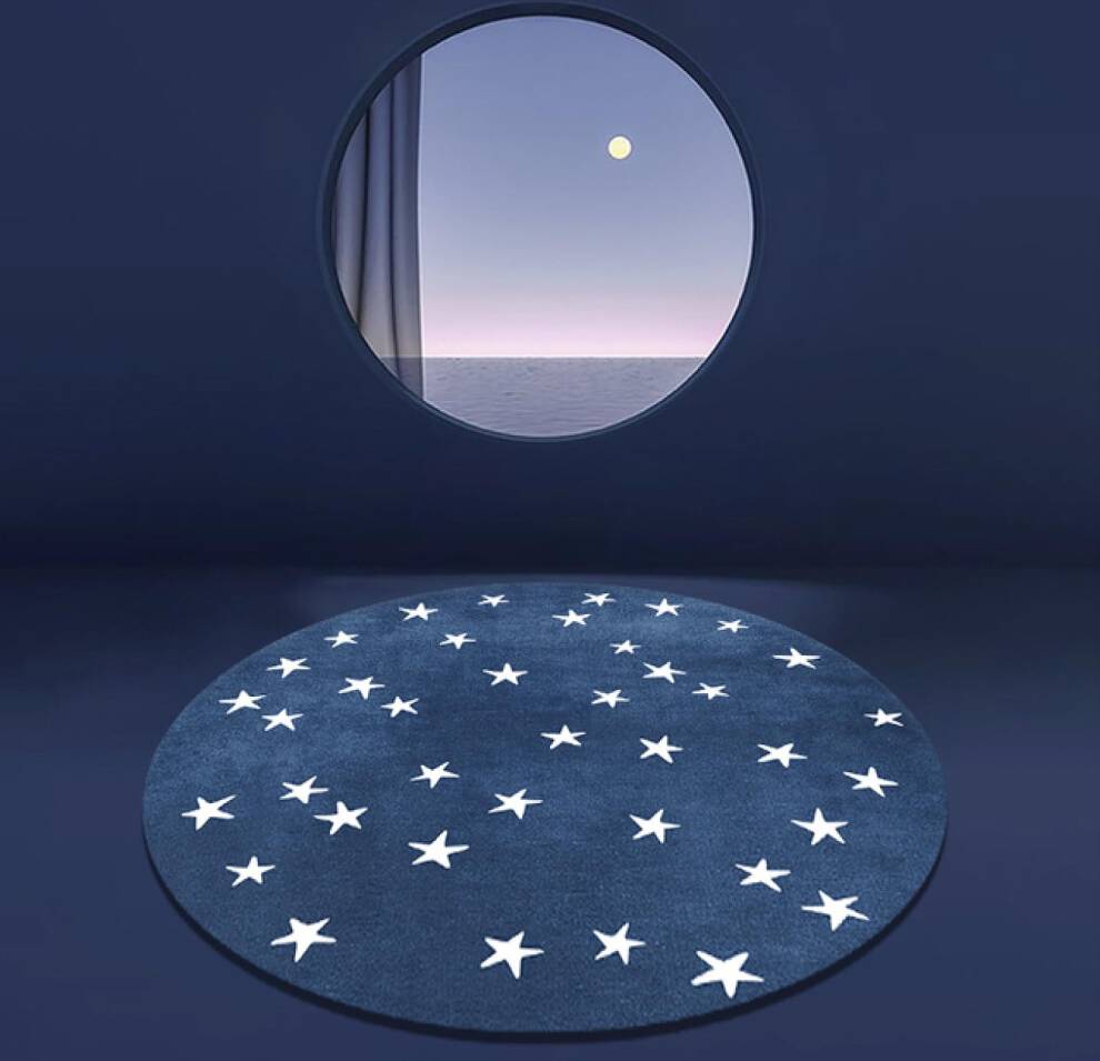 Cartoon Dark Blue White Stars Round Rug