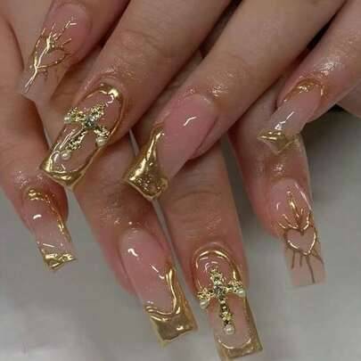 Gel nail stickers Shein Rectangular Gold-Color Nail Stickers Set - Jelly Gel