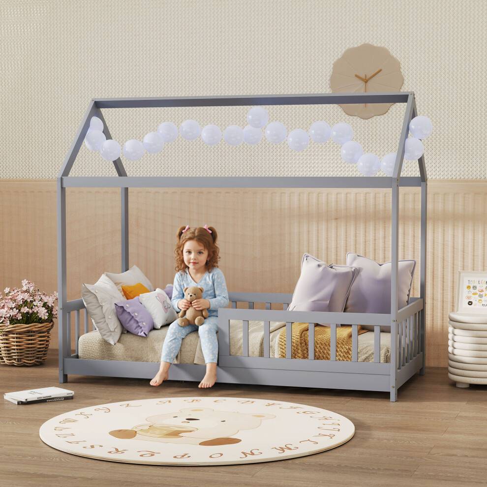 Homcom House-Shaped Kids Bed Frame with Guard Rails