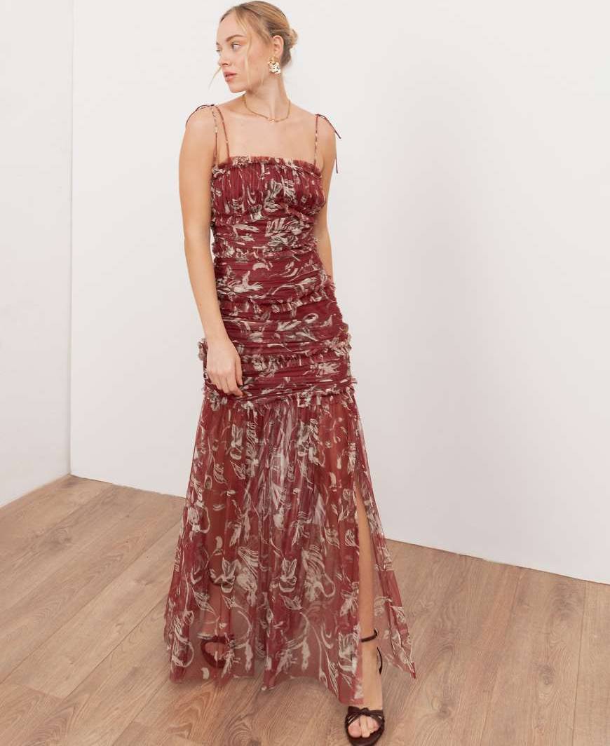 Anaya Floral Square Neck Ruched Maxi Dress - Rust-Red
