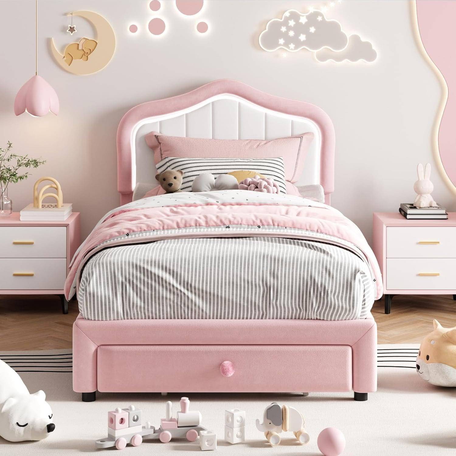 Pink velvet bed frame Garvee Full Size LED Upholstered with Storage Drawer Frame Bed