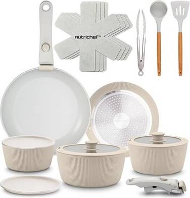 NutriChef 18-Piece Ceramic With Detachable Handles Cream Cookware Set