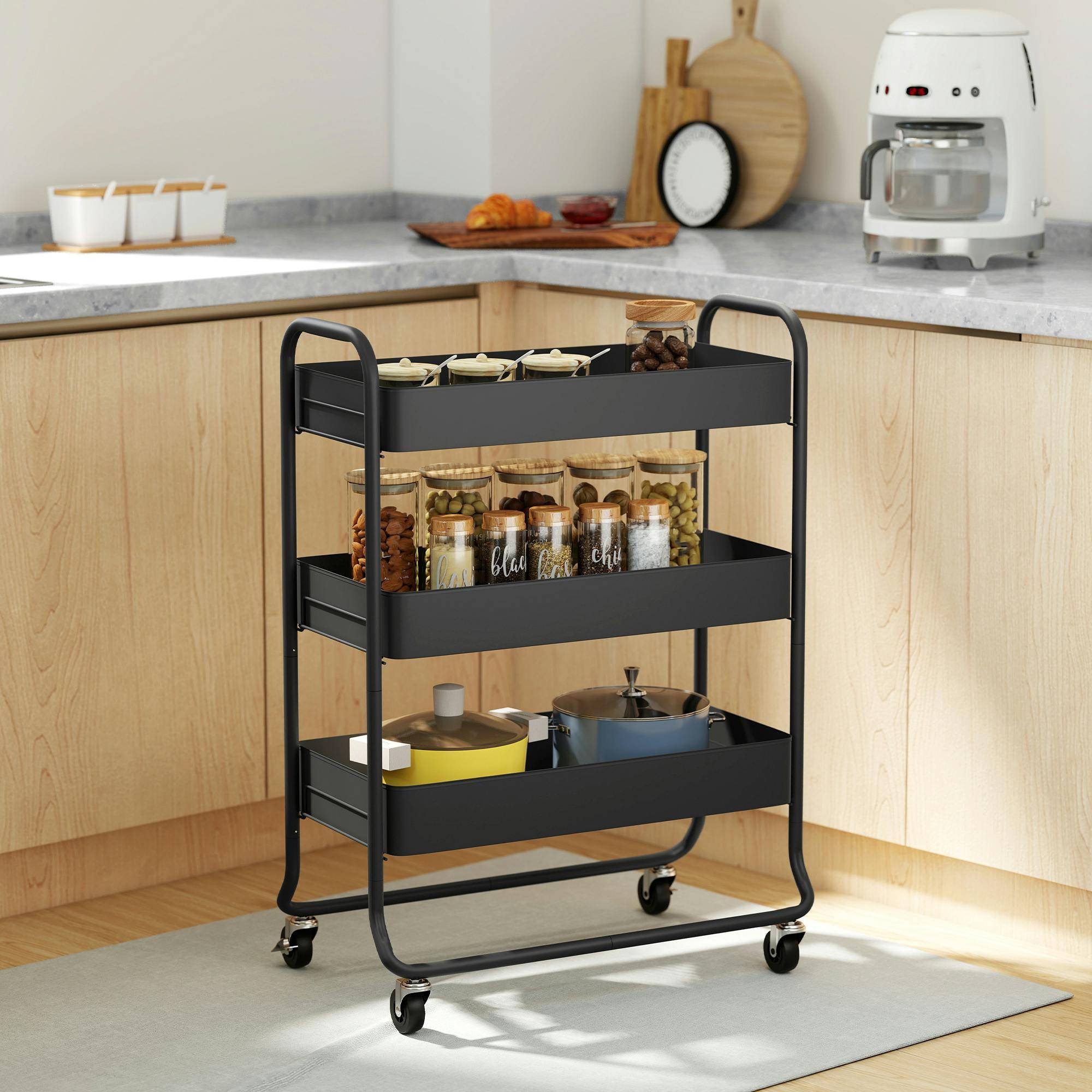 Homcom 3-Tier Storage Black Trolley Table