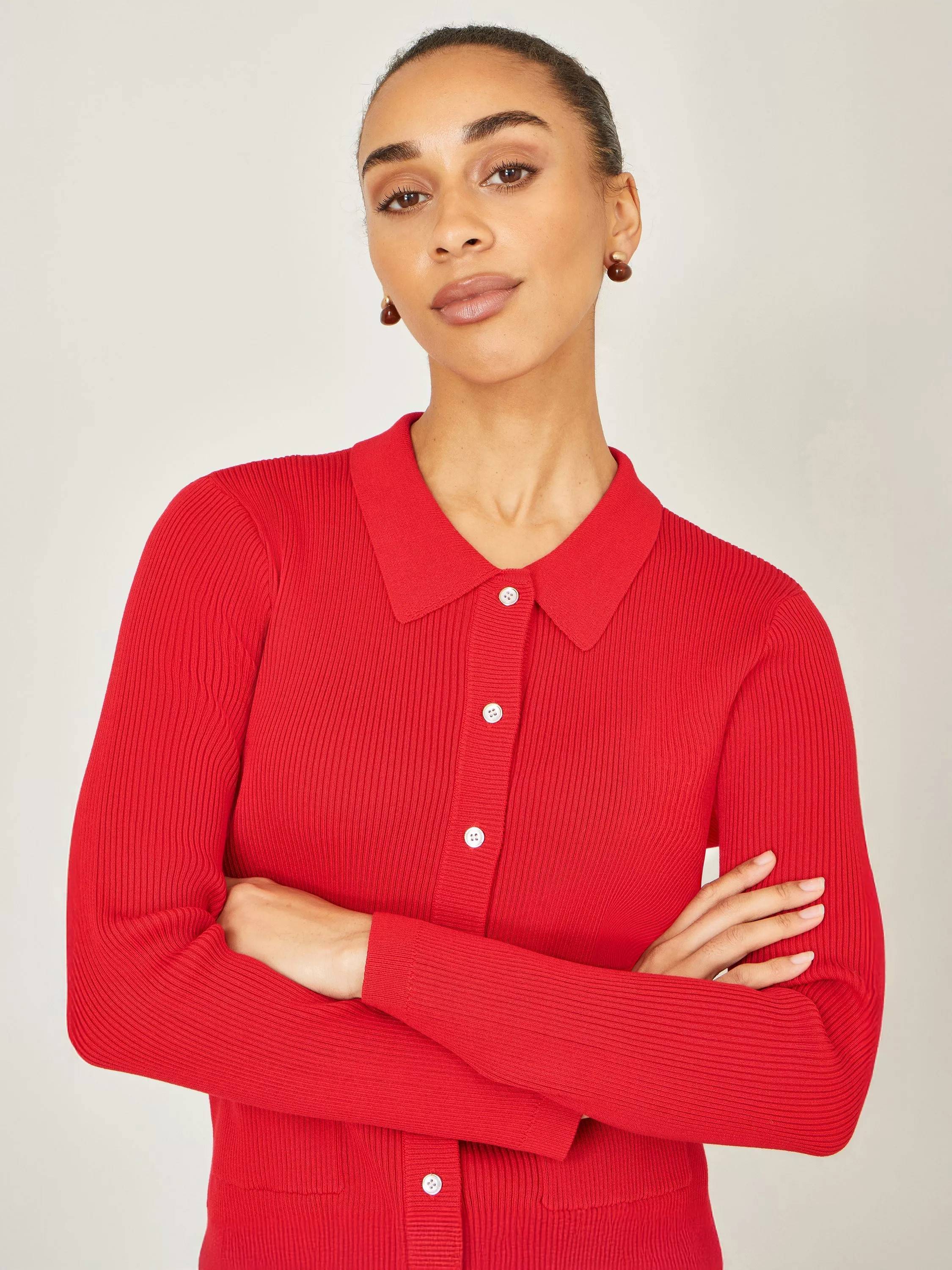 Yumi Red Ribbed Collar Button Up Cardigan