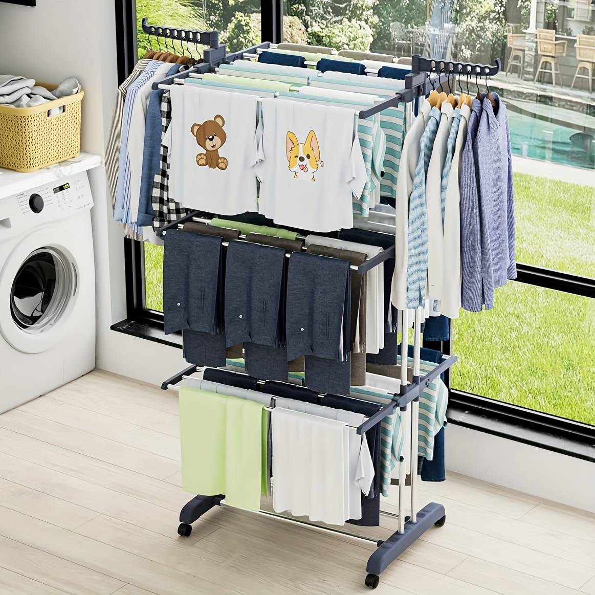 Laundry drying rack foldable Temu Foldable Wheeled Drying Rack 4-Tier