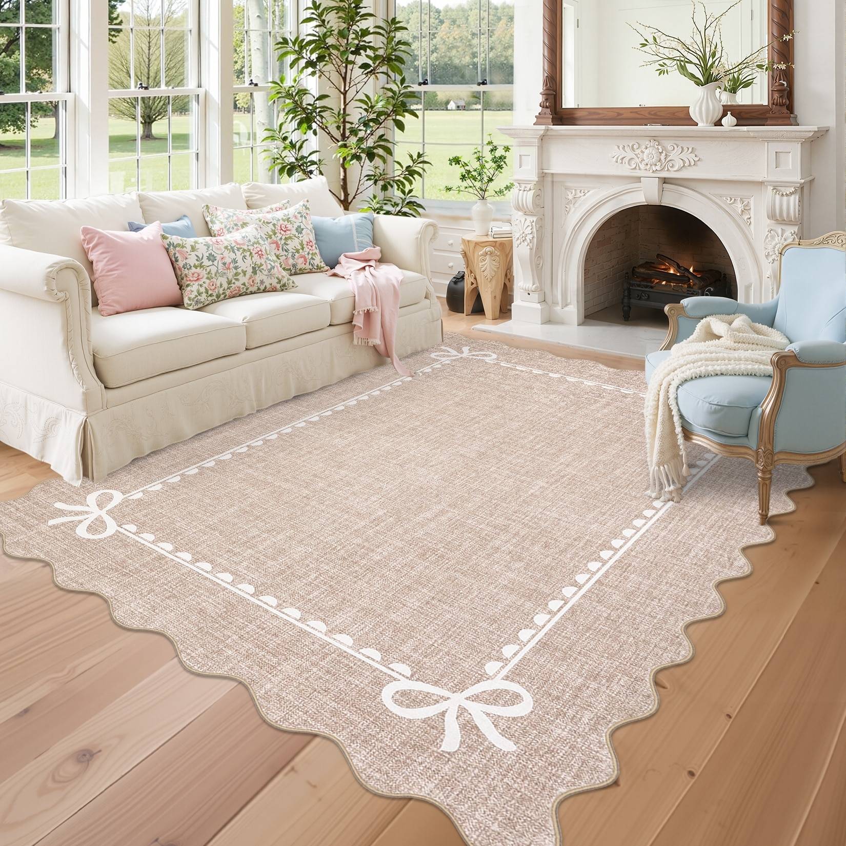 Garvee Scalloped Edge Area Rug Bow Bordered Pattern