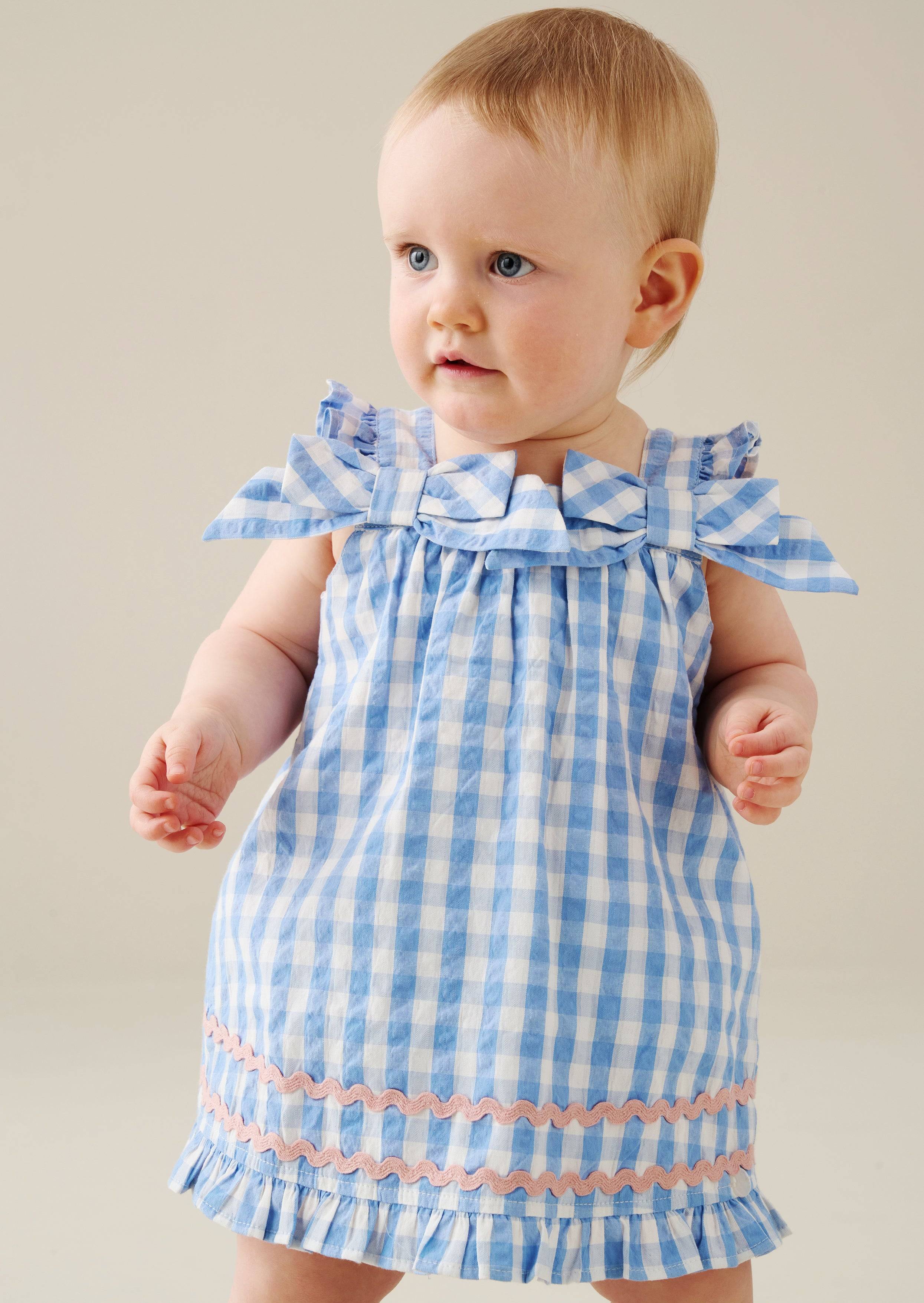 Blue Alora Gingham Ric Rac Bloomer Dress