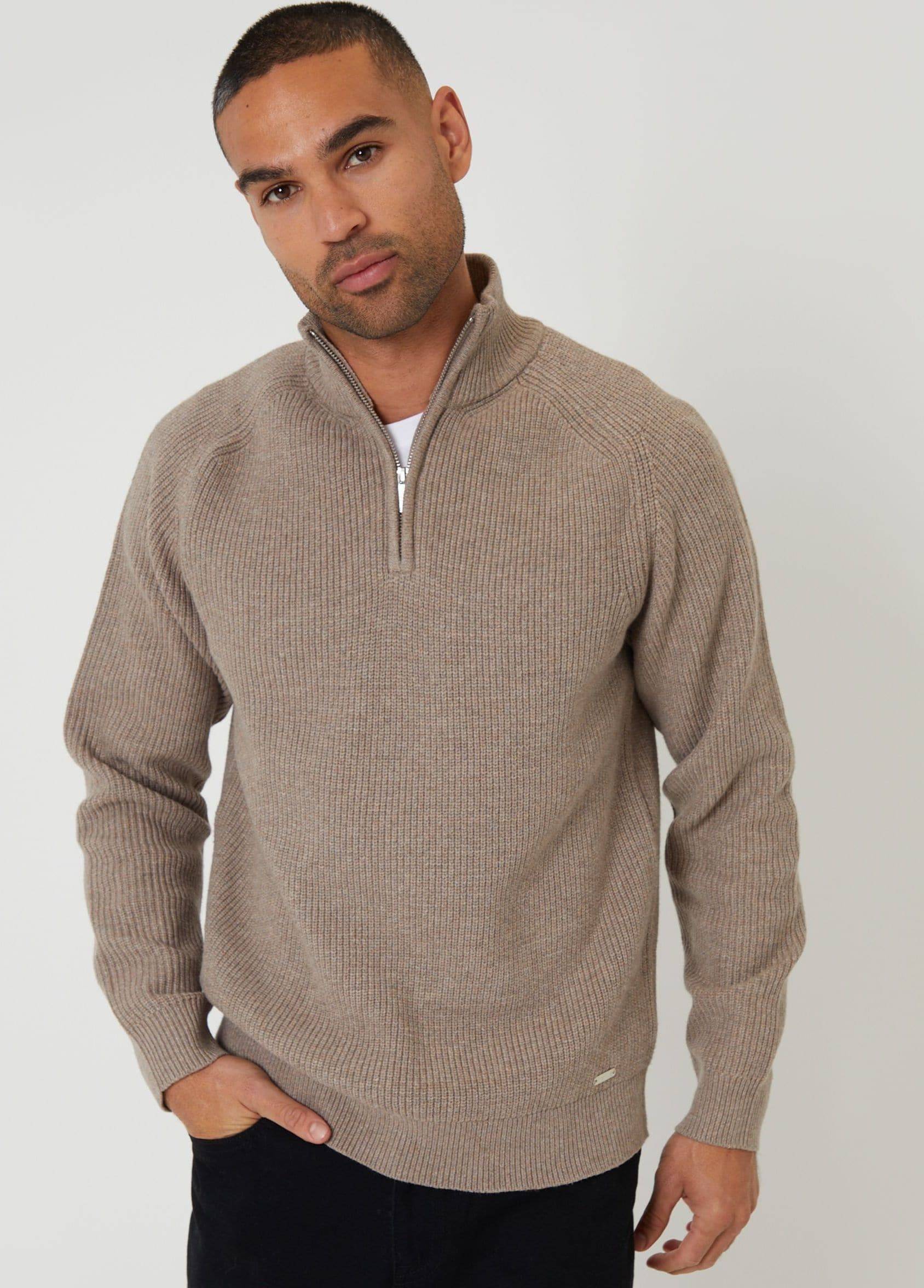 Quarter zip Threadbare Brown Rib Panel Quarter Zip Knitted Jumper
