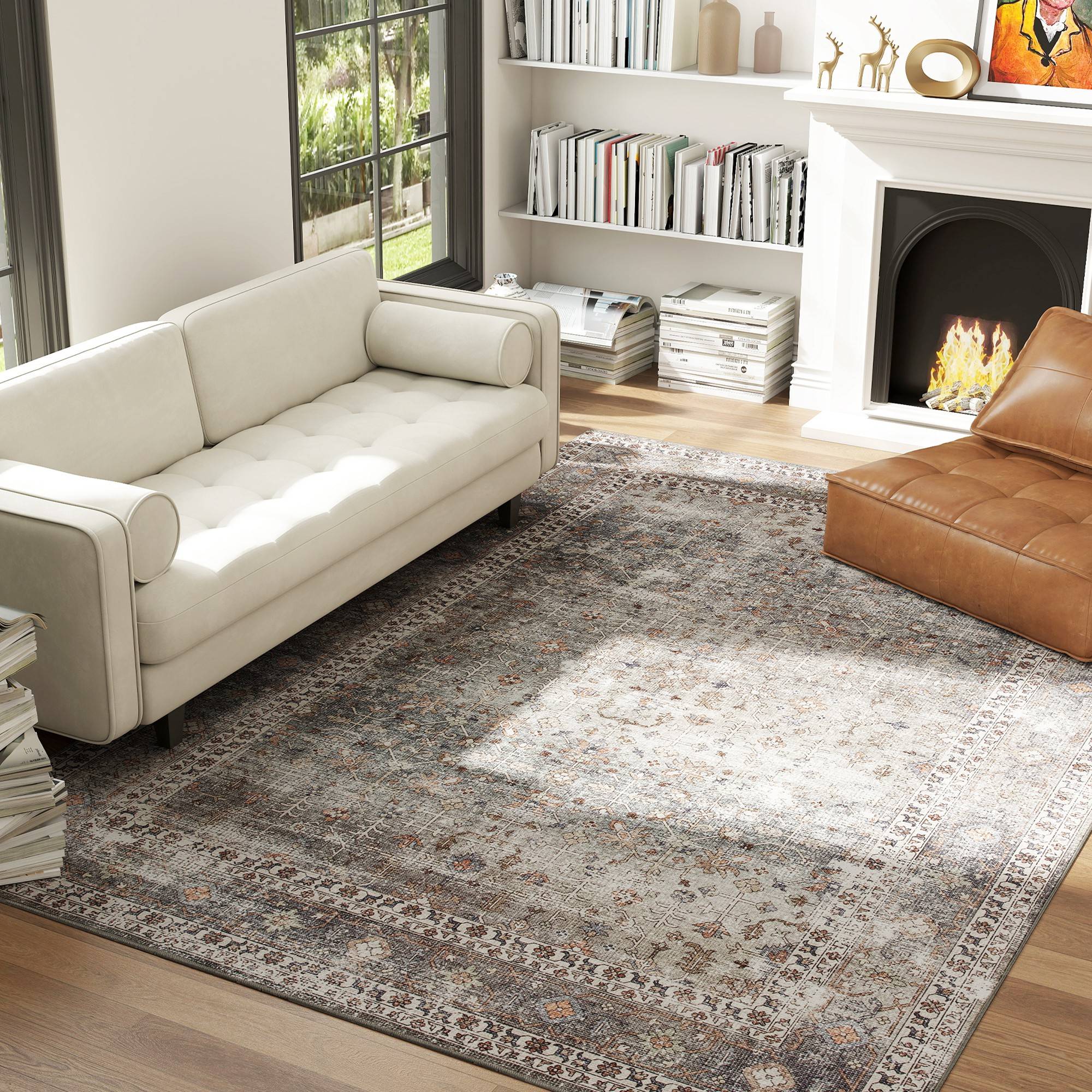 Homcom Washable Flower Print Rug Brown