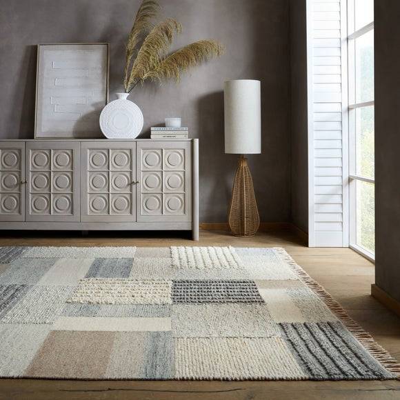 Dunelm Tonal Patchwork Wool Rug Multicolour