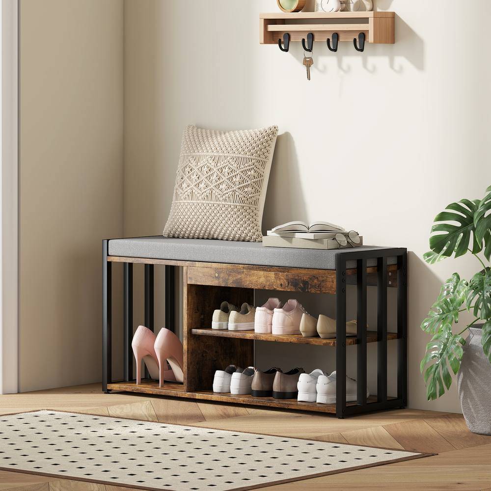 Homcom Upholstered Entryway Shoe Rustic Brown Storage Bench