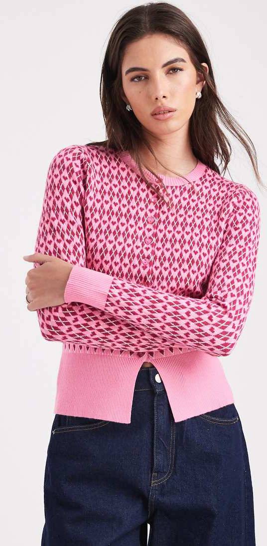 Threadbare Valentines Kofta Rund Halsringning Argyle Hjärtmönster - Rosa