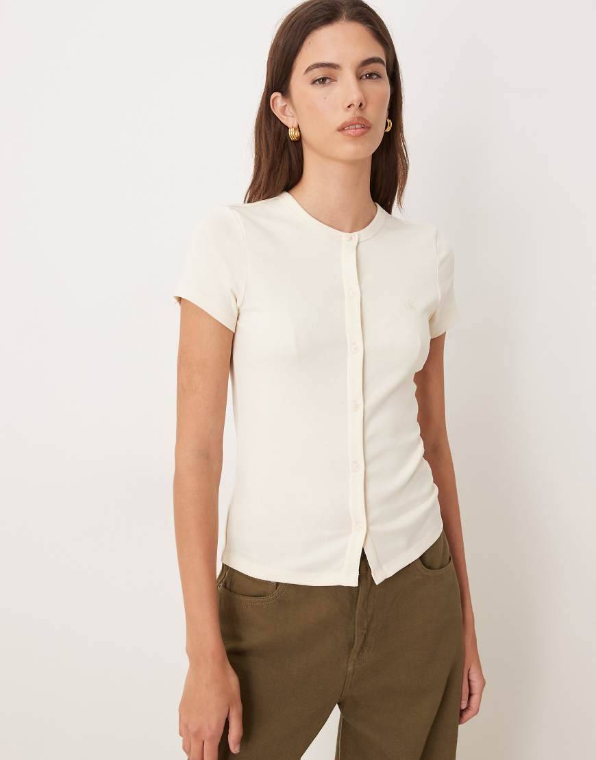Calvin Klein Slim Ribbed Button-Front T-shirt - Beige