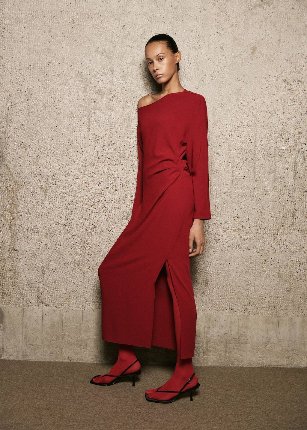 Mango Boat-Neck Ruched Dress - Red