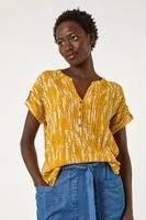 Roman Abstract Print V-Neck Button Top - Yellow