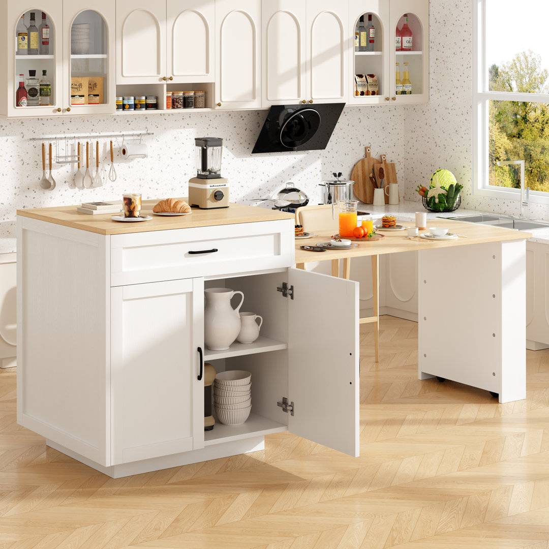 Ebern Designs Extendable Kitchen Island With Spice Rack Drawers - Marble Mdf