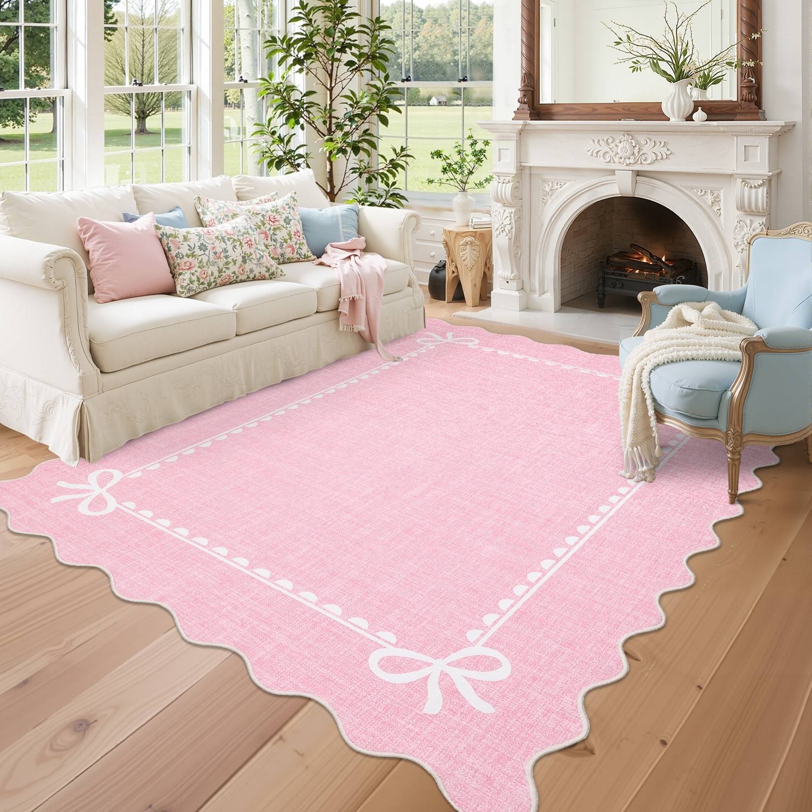 Garvee Scalloped Edge Area Rug Bow Bordered Pattern Pink