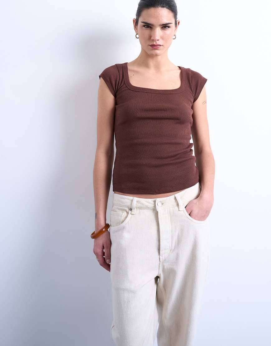 Square Neck Rib Cap Sleeve Tee - Brown