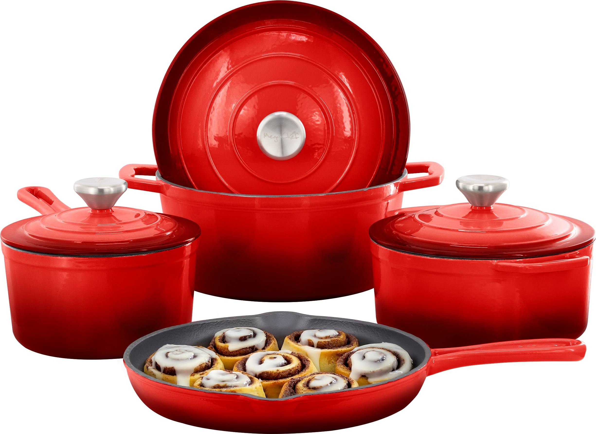 MegaChef 7 Piece Enameled Cast Iron Red Cookware Set