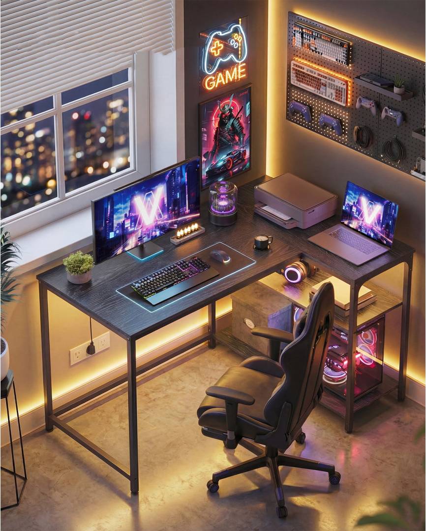Corner computer desk with storage Inbox Zero Corner Computer With Adjustable Storage Shelves Writing Desk