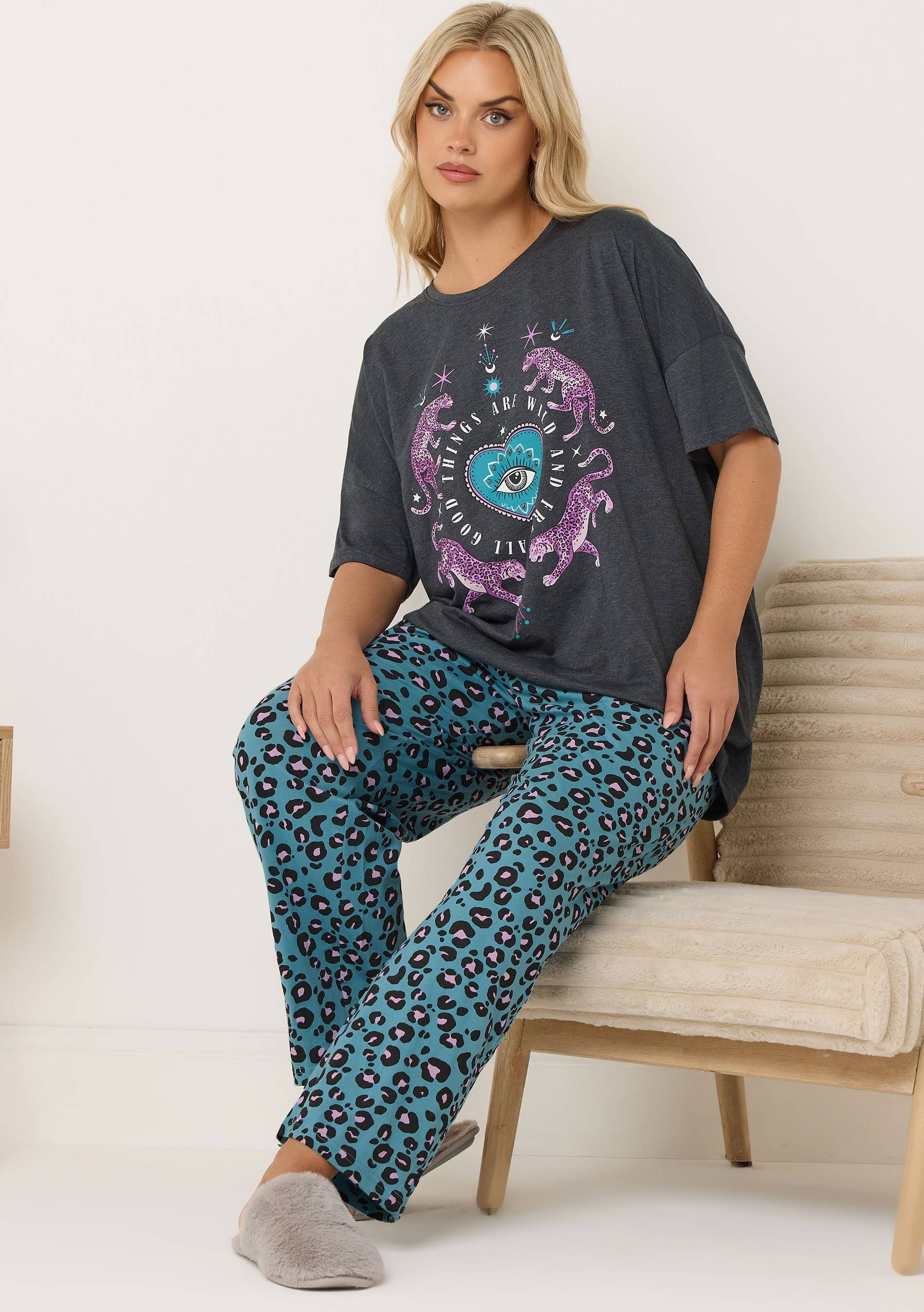 Yours Leopard Wide Leg Pyjama Set - Multicolor