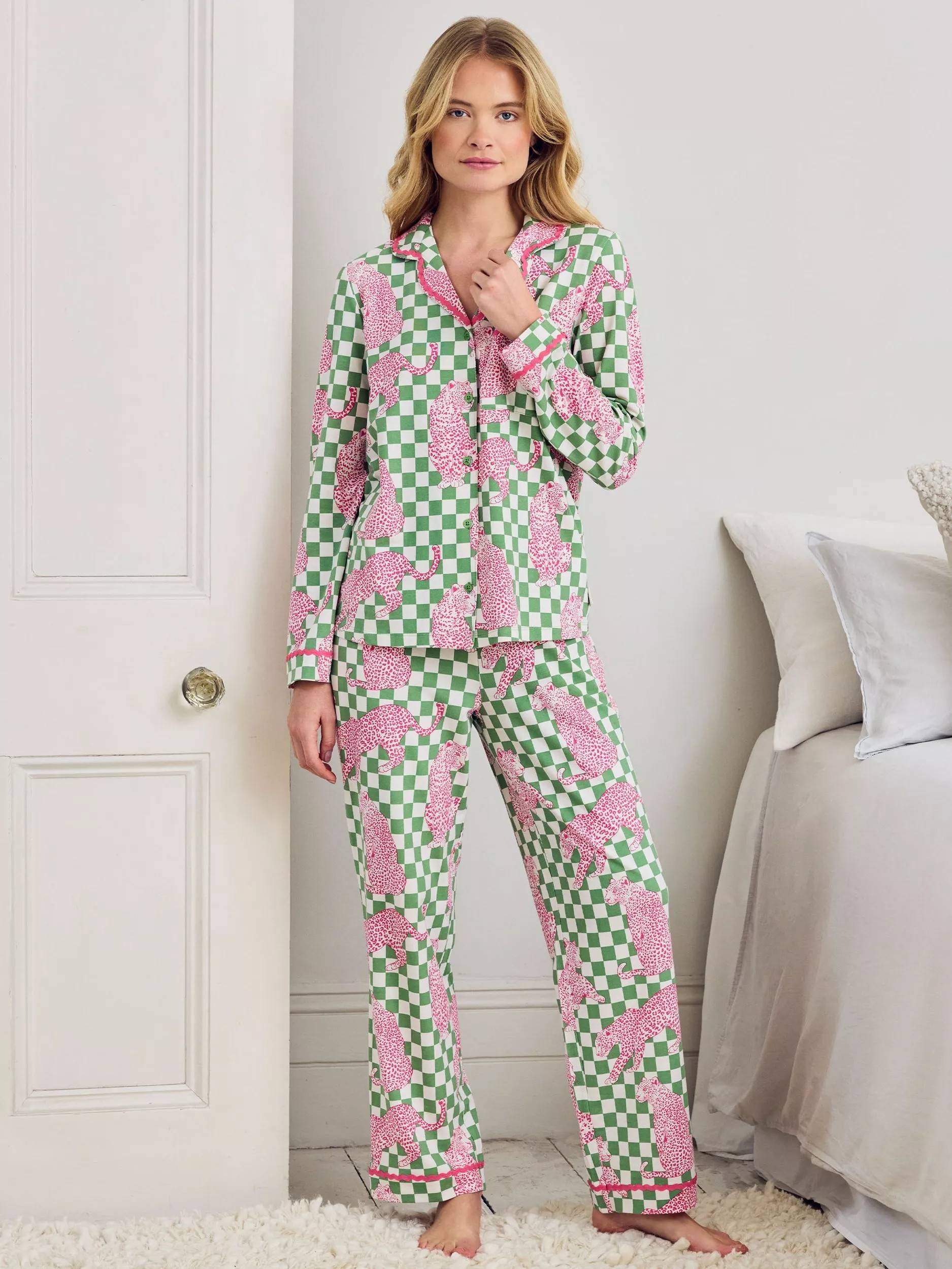 Check Leopards Button Down Long Pyjama Set - Green