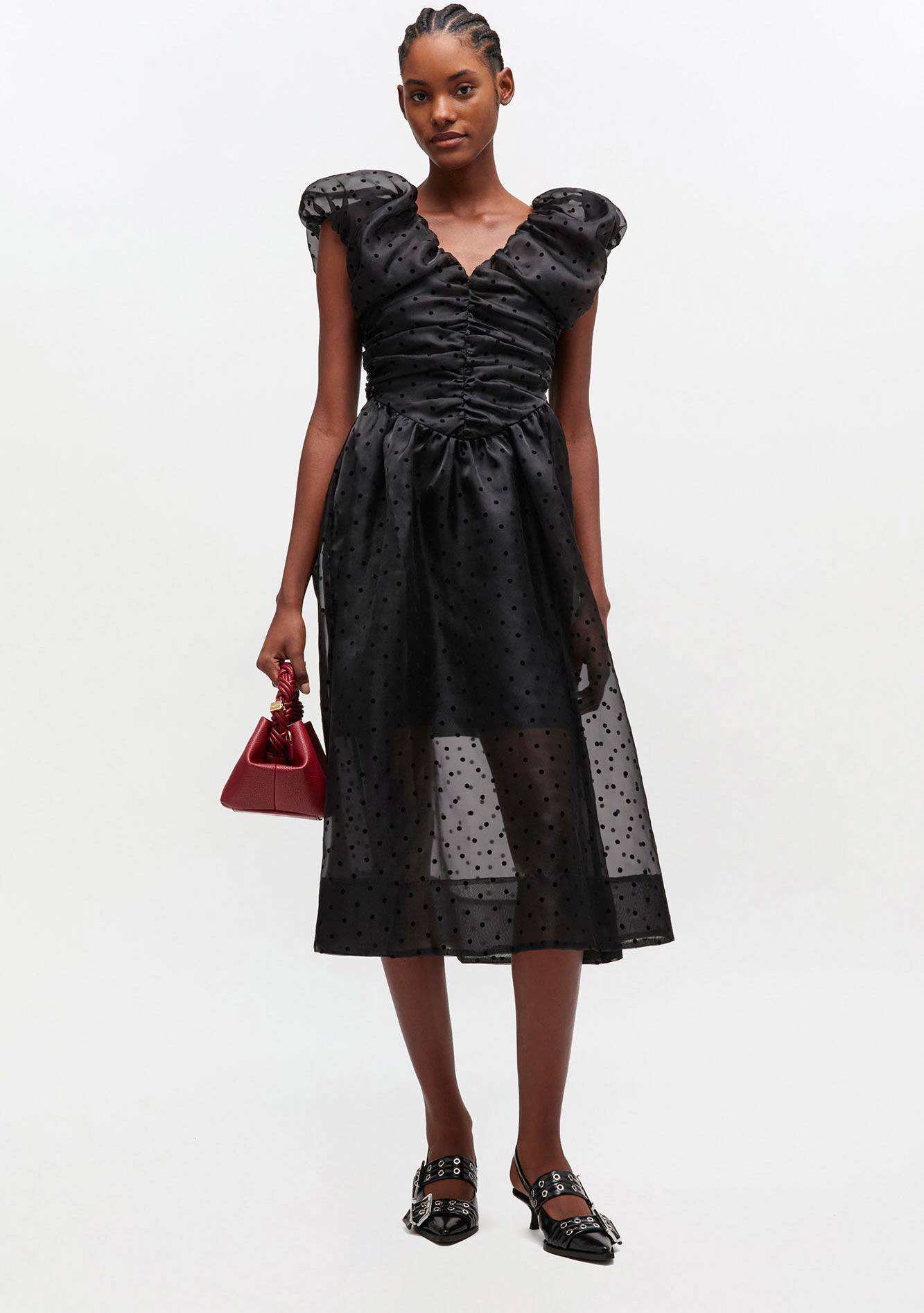 Ganni Organza Ruched Dress - Sort