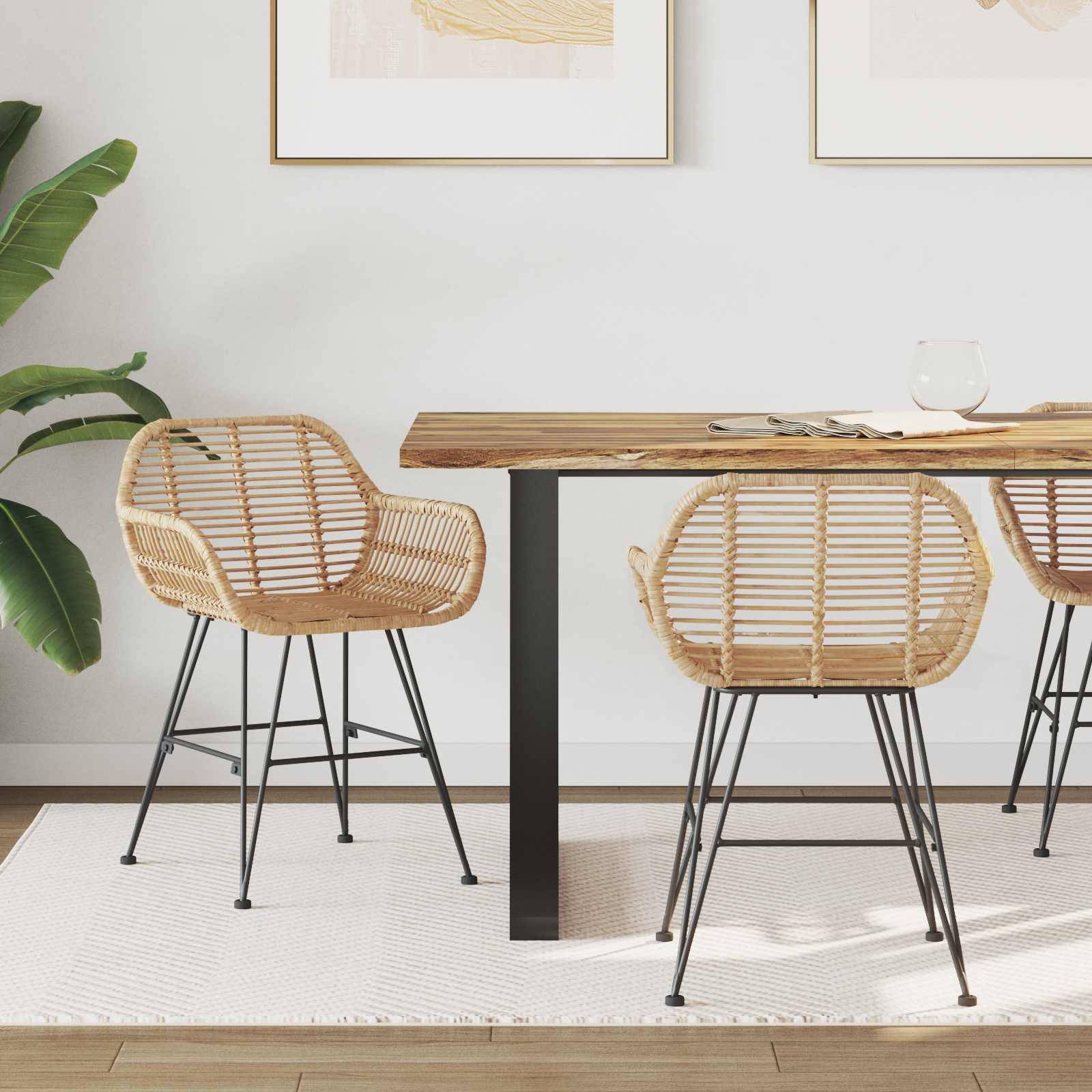 vidaXL Natural Rattan Dining 2 Pcs Kitchen Chair
