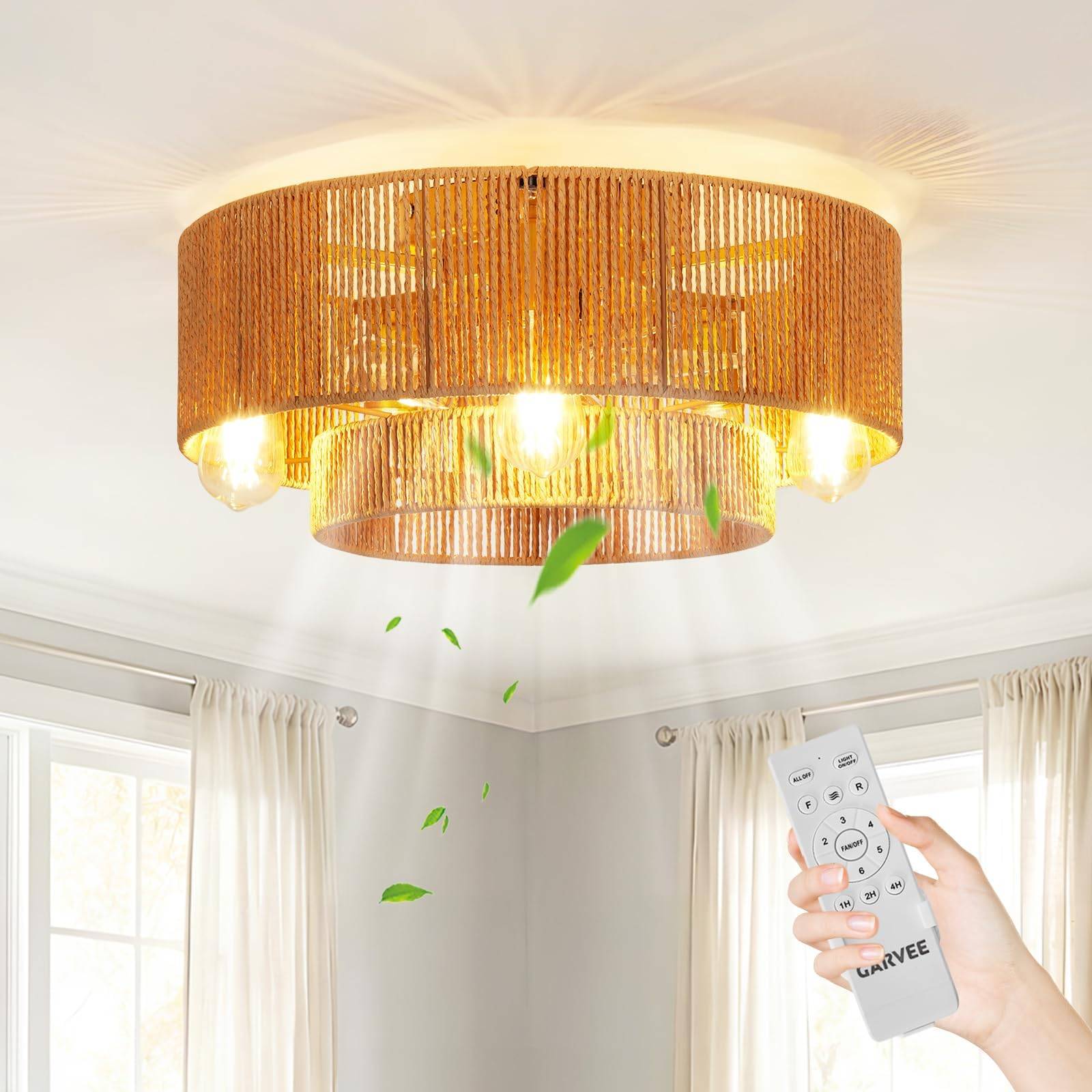 Rattan ceiling fan Garvee 20.5 Boho Layered Rattan Caged Ceiling Fans