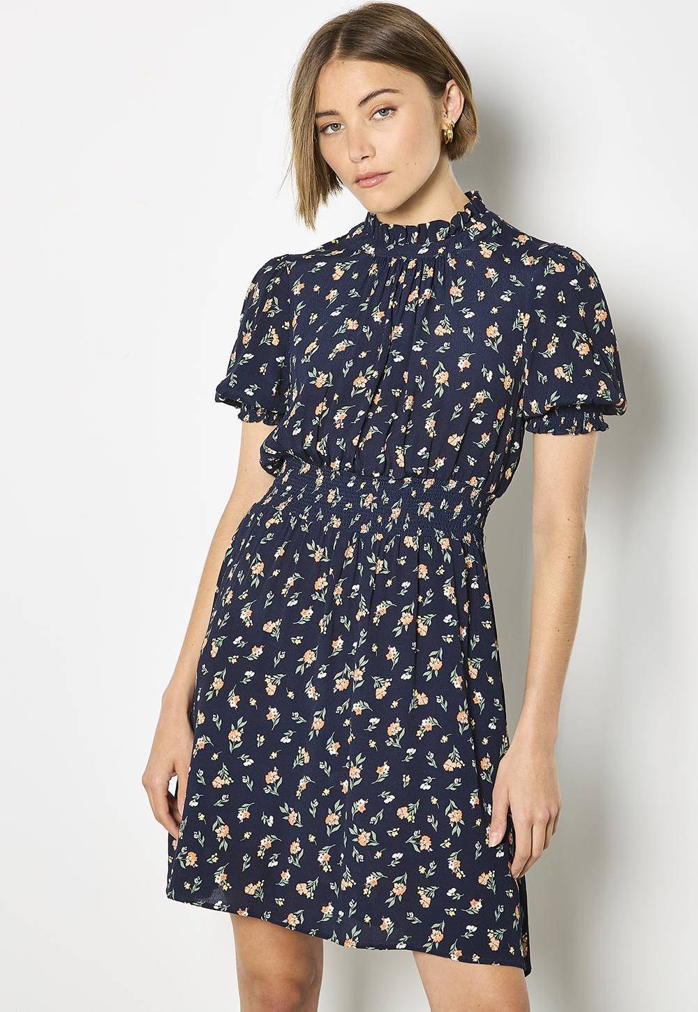 Ditsy Floral Ruffle Mini Dress - Navy