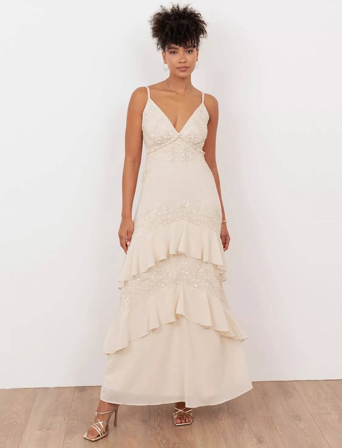 Embellished Ruffle Maxi Dress - Vanilla Neutral