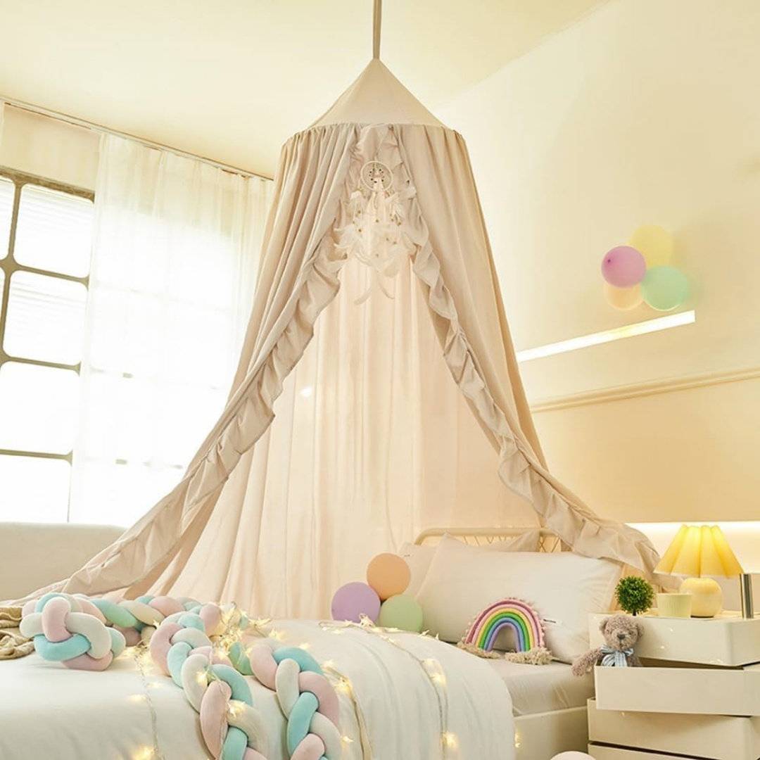 Ebern Designs Princess Round Dome Bed Canopy Ruffled Ivory