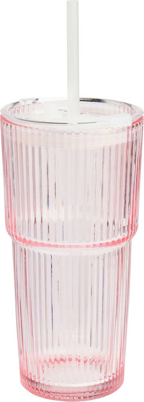 Argos Pink Translucent Ribbed with Straw Drinking Glass