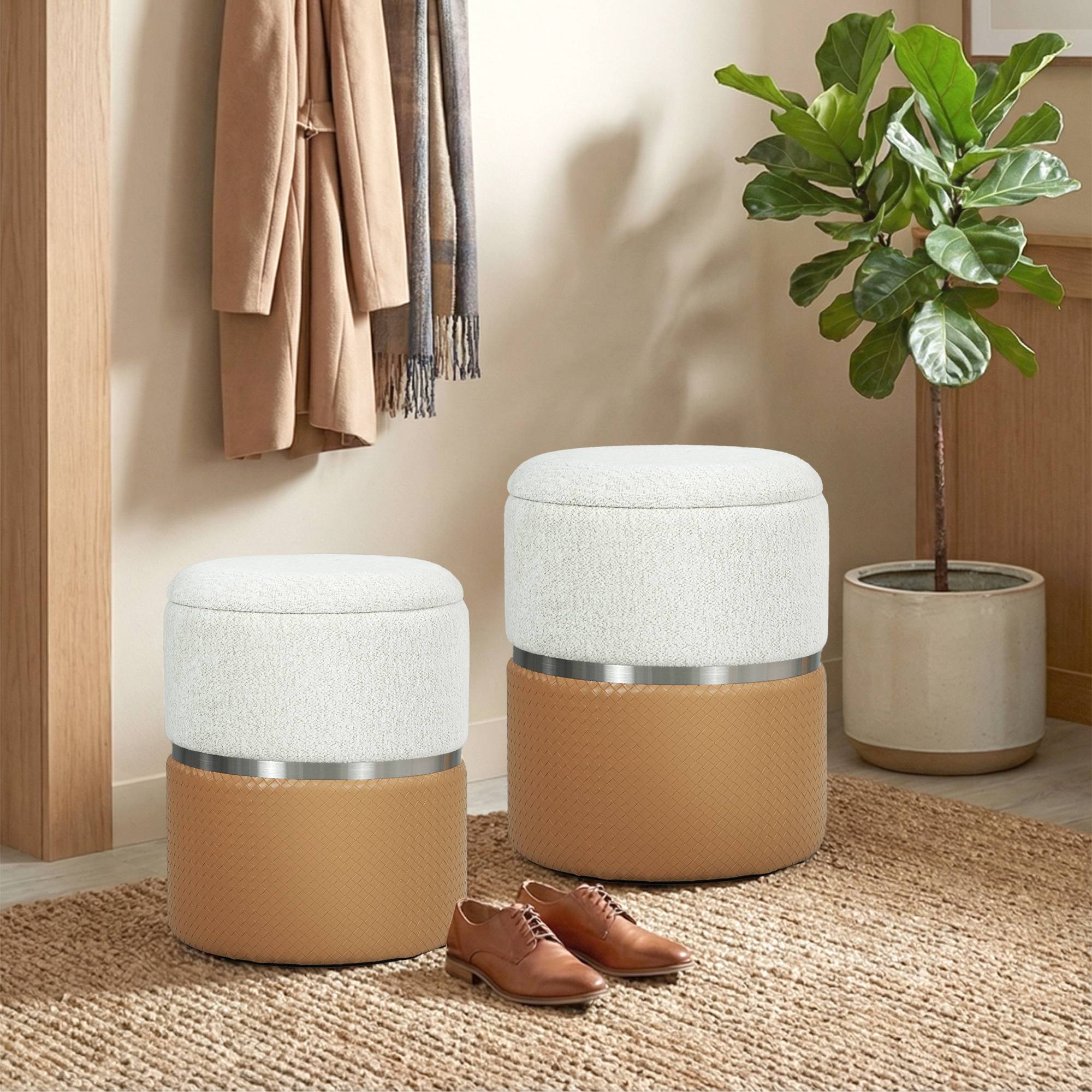 Homcom Round Ottoman Fabric Vanity Stool Set Storage Bench
