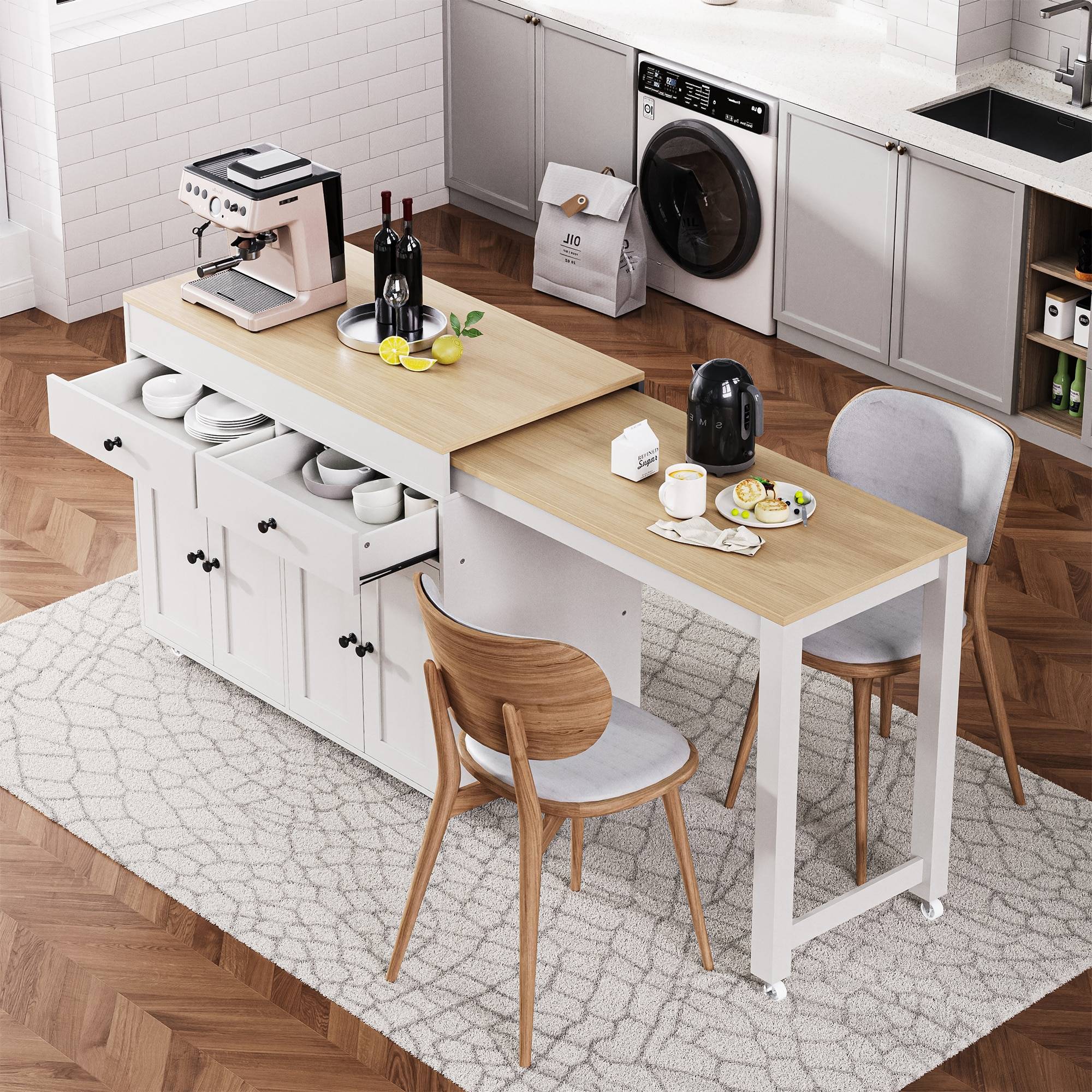 Rolling cart with drawers GDFSTUDIO 74.5 Inch Kitchen Island Extendable Dining Table Rolling Cart