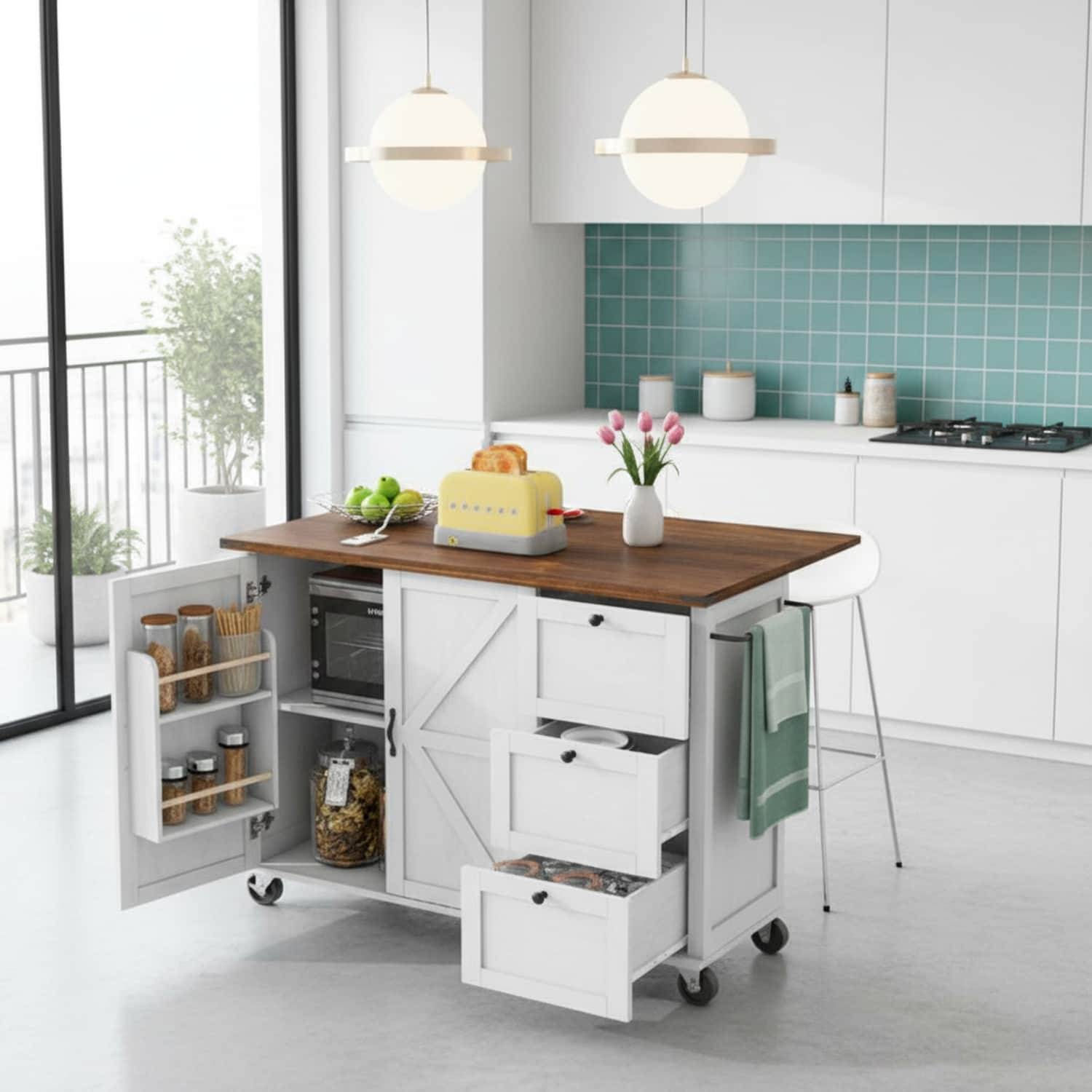 Kitchen storage rack Homy Casa Farmhouse Kitchen Island Power Outlet Internal Storage Rack Drop Leaf Spice Rack - White
