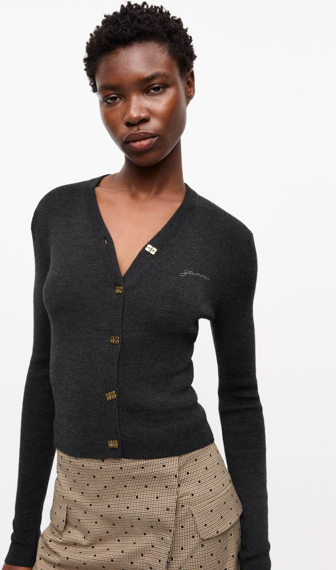 Ganni Mini Ribbed Merino Cardigan Dam - Phantom