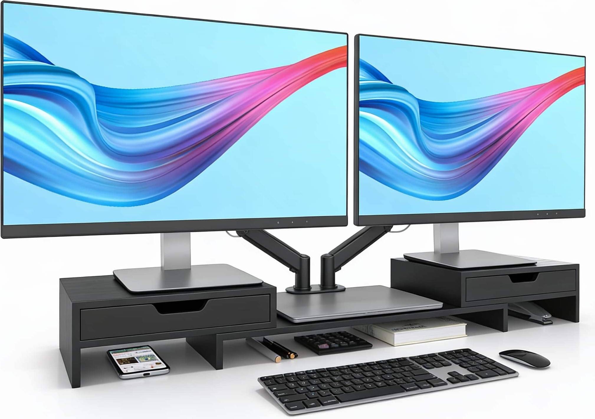 Desk riser shelf Bamboo Dual Monitor Riser 2-Drawer Desk Shelf