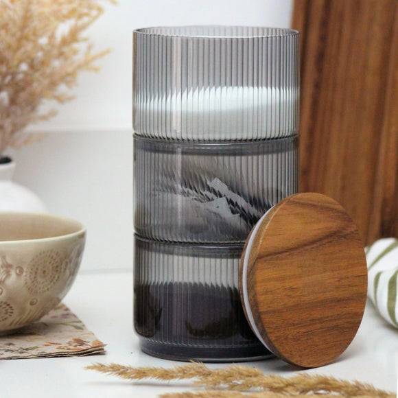 Dunelm Smoked Ribbed Stackable Canister Acacia Lid Kitchen Container