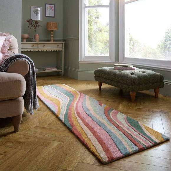 Dunelm Abstract Flow Wool Runner Green, Multicolour