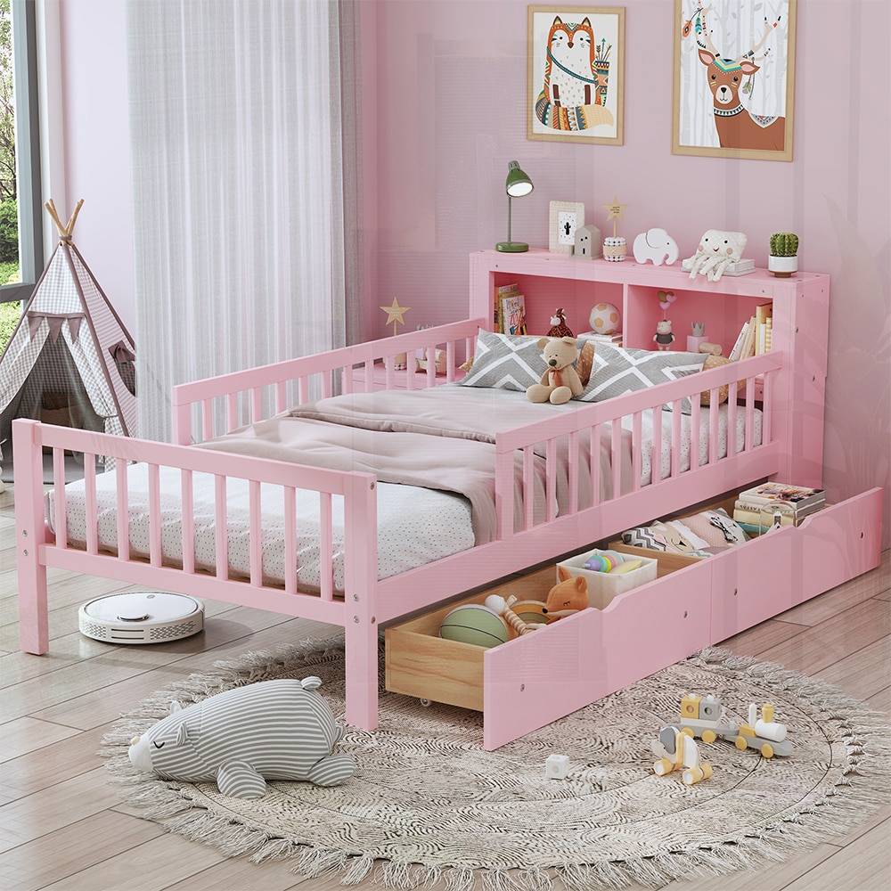 Twin Size Bed With Headboard Storage Rack